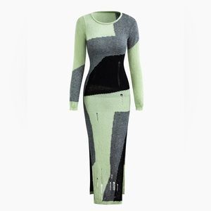 Colorblock Knit Destroyed Slit Midi Dress
